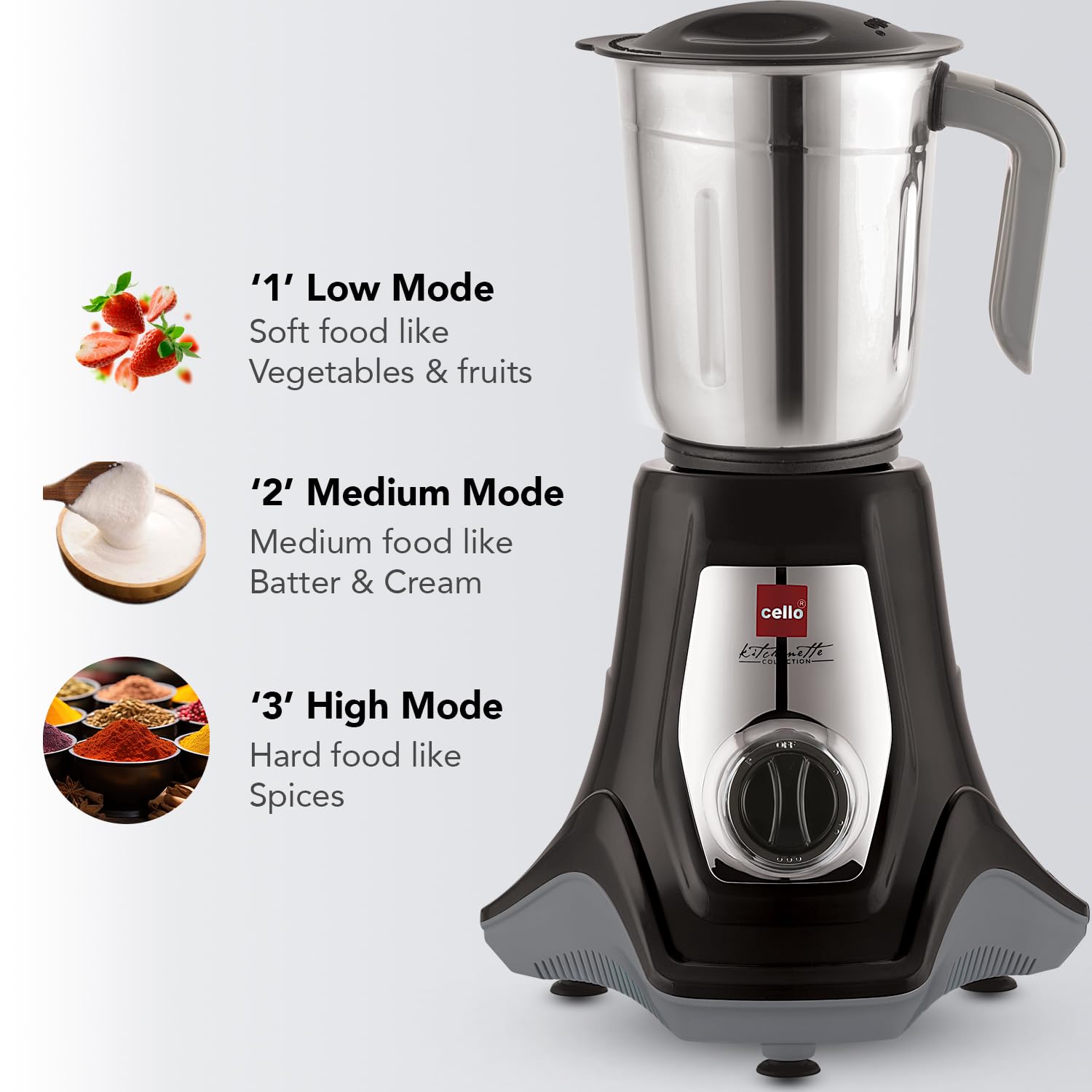 Cello Hercules Mixer Grinder 750W, Black- 2 Year Warranty (We Jar with Lid- 1.2 L; Dry Jar with Lid- 1L; Chuntney Jar with Lid- 500ml; Juicer Jar Capacity- 1500ml; Spatula) 