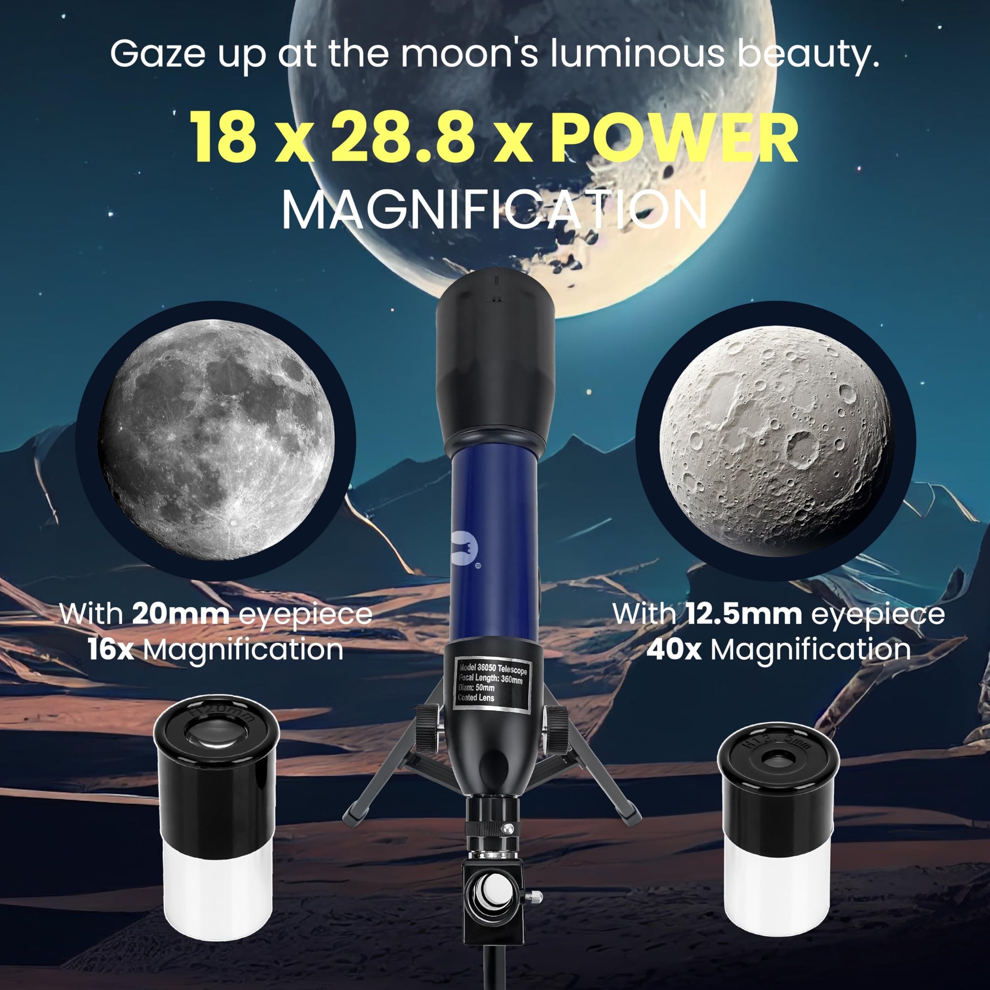 Cezo Telescope for Kids & Adults, 50mm Aperture Astronomical Refractor Telescope for Astronomy Beginners (18X-28.8X), 360mm Portable Scope with Tripod Stand and Mobile Holder (50-MM) 