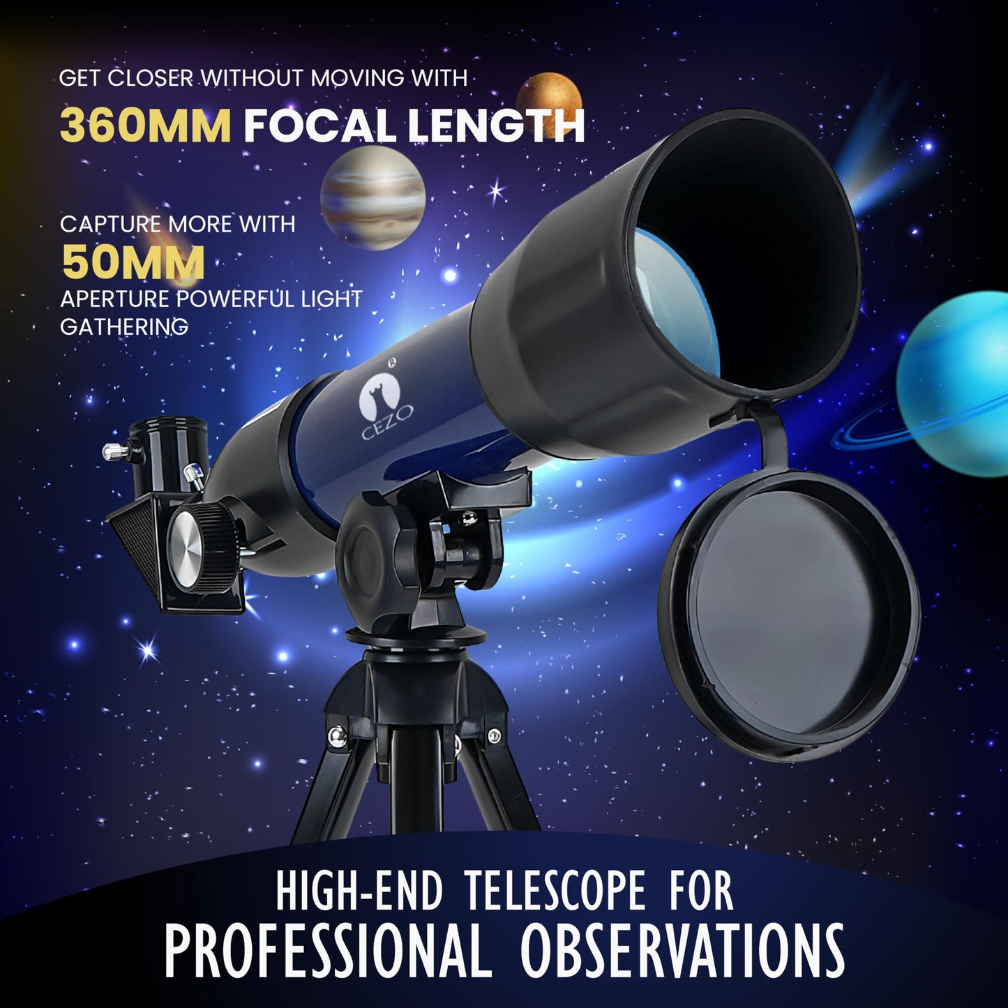 Cezo Telescope for Kids & Adults, 50mm Aperture Astronomical Refractor Telescope for Astronomy Beginners (18X-28.8X), 360mm Portable Scope with Tripod Stand and Mobile Holder (50-MM) 