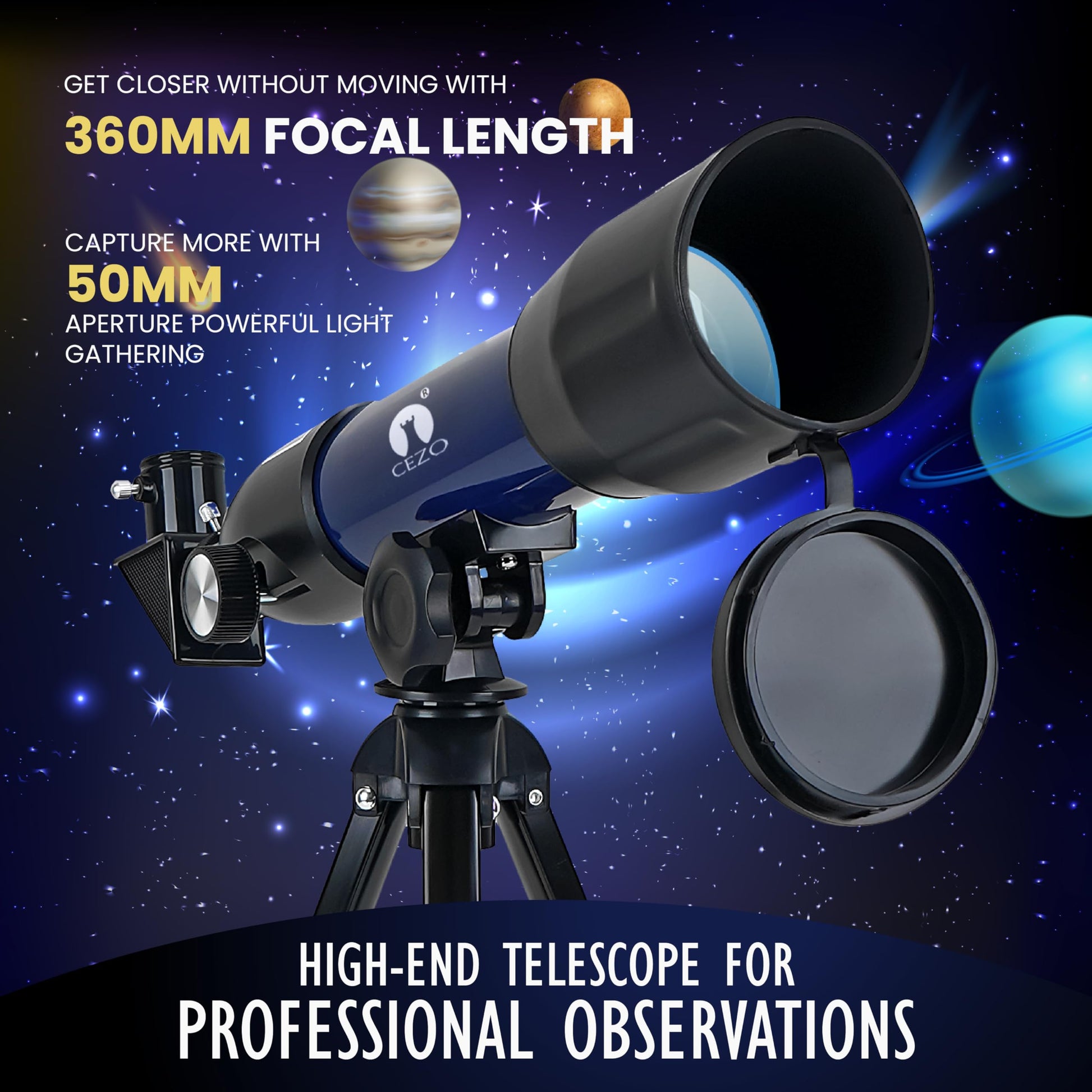 Cezo Telescope for Kids & Adults, 50mm Aperture Astronomical Refractor Telescope for Astronomy Beginners (18X-28.8X), 360mm Portable Scope with Tripod Stand and Mobile Holder (50-MM) 