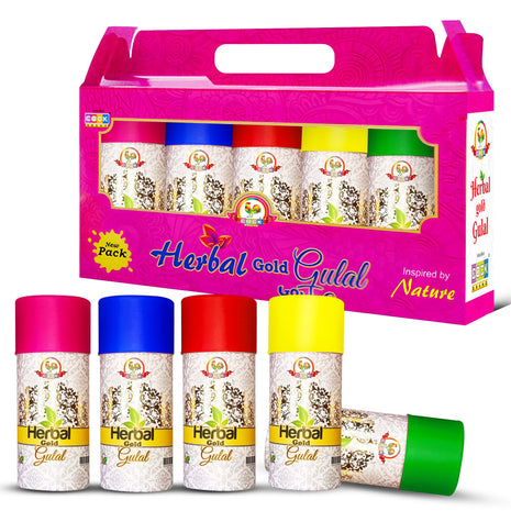 Cock Brand Herbal Gold Gulal – Pack of 5 (300G) | Organic Herbal Gulal for Holi Corn Starch Powder | Non-Toxic Holi Colours | Easy to Remove and Washable | Smooth on Skin 