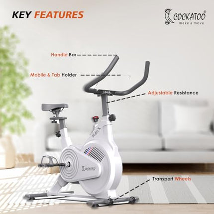 Cockatoo Ride-X 7Kg Fly Wheel Spin Bike, Exercise Cycle For Home With Adjustable Resistance & Heart Rate Sensor for Gym Cycle For Home Workout|Max Weight Capacity: 120 kg (White) 