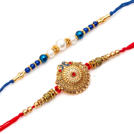 Collectible India Rakhi & Gift Set for Brother [Gift Combo - Peacock Rakhi with 2 Bowl with Velvet Box,& Greeting Card, Rakhis for Men Boy 