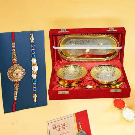 Collectible India Rakhi & Gift Set for Brother [Gift Combo - Peacock Rakhi with 2 Bowl with Velvet Box,& Greeting Card, Rakhis for Men Boy 