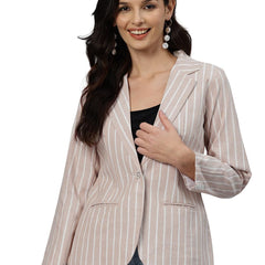 Cottinfab Women Beige & White Striped Long Sleeves Single-Breasted Pure Cotton Casual Blazer 