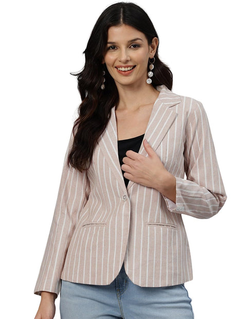 Cottinfab Women Beige & White Striped Long Sleeves Single-Breasted Pure Cotton Casual Blazer 