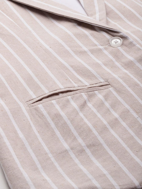 Cottinfab Women Beige & White Striped Long Sleeves Single-Breasted Pure Cotton Casual Blazer 