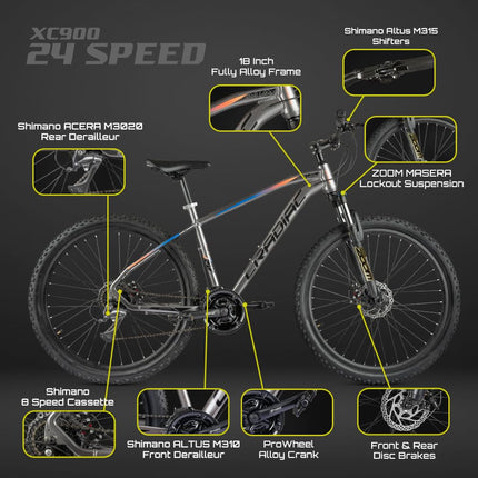 Cradiac XC 900 24 Speed 6061 Alloy Cycle 27.5 T 24 Geared Bicycle for Men with Front Zoom Lockout Suspension & Dual Disc Brake Mountain Bike | Ideal for 14+ Years, Unisex, Frame Size : 18 Inch, Grey 