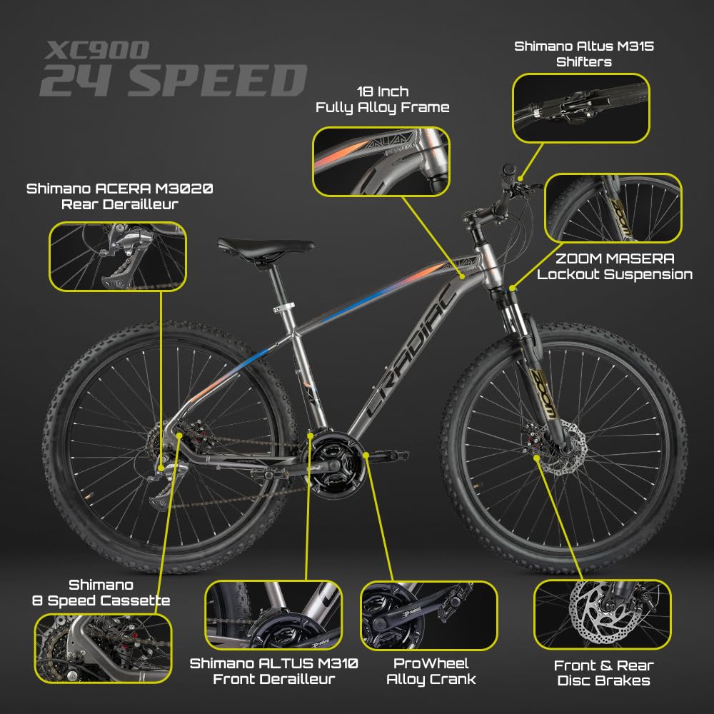 Cradiac XC 900 24 Speed 6061 Alloy Cycle 27.5 T 24 Geared Bicycle for Men with Front Zoom Lockout Suspension & Dual Disc Brake Mountain Bike | Ideal for 14+ Years, Unisex, Frame Size : 18 Inch, Grey 