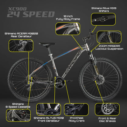 Cradiac XC 900 24 Speed 6061 Alloy Cycle 27.5 T 24 Geared Bicycle for Men with Front Zoom Lockout Suspension & Dual Disc Brake Mountain Bike | Ideal for 14+ Years, Unisex, Frame Size : 18 Inch, Grey 