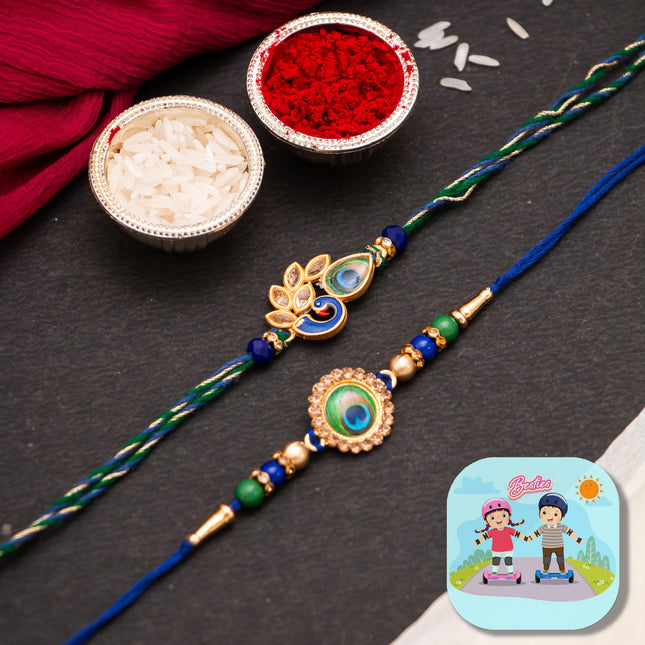 CraftVatika Peacock Rakhi for Brother Mor Pankh Rakhi for Bhaiya Set of 2 for Bhai Boy Kids Combo for Rakshabandhan, with Fridge Magnet for Door Decor 