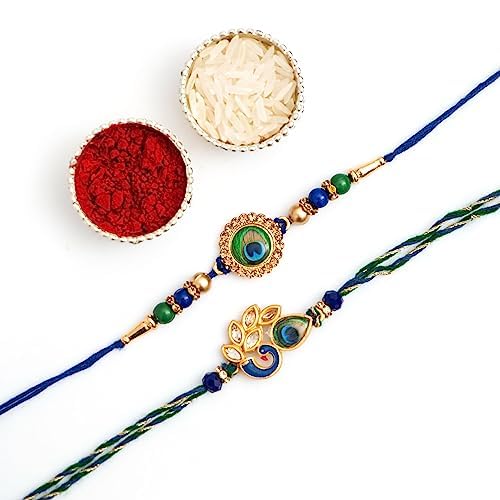 CraftVatika Peacock Rakhi for Brother Mor Pankh Rakhi for Bhaiya Set of 2 for Bhai Boy Kids Combo for Rakshabandhan, with Fridge Magnet for Door Decor 