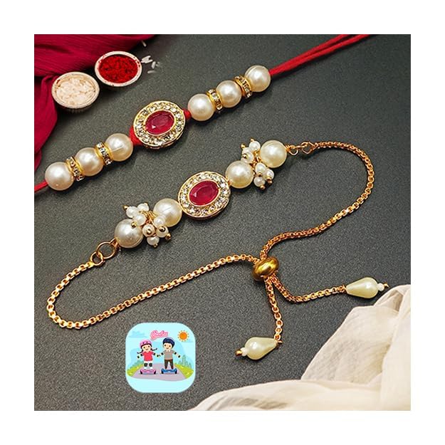 CraftVatika Rakhi Combo Set for Brother and Bhabhi Premium Lumba Floral Rakhi Kundan Bracelet for Bhaiya Men Bhabhi Women Raksha Bandhan Couple Pearl Set of 2 for Unisex Adult 