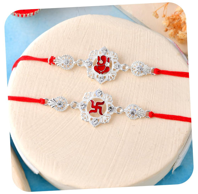 CraftVatika Silver Rakhi for Brother Bhaiya - Rakhi Set of 2, Ganesha Rakhis for Rakshabandhan, Silver Raki for Brother Boy Men Kids, Rakshasutra Thread for Bhai 