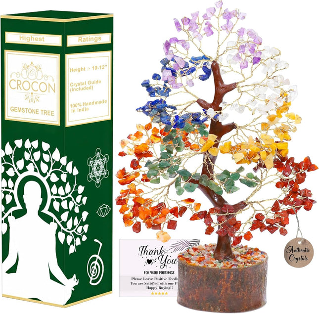 Crocon Seven Chakra Tree of Life for Positive Energy - Feng Shui Decor, Fake Bonsai, Crystals and Healing Stones, Money Tree, Room Decor 7 Chakra, Stone, Healing Crystals, Spiritual Gifts 