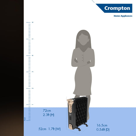 Crompton 09 Fin Insta Ferver wave Fin OFR (Oil Filled Radiator)|Room Heater|2400 W|3 Heat Settings & PTC Fan Heater|Over heat & Tilt protection |360° Heating (Black)|2yrs warranty|Black & Copper 