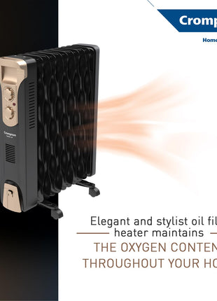 Crompton 09 Fin Insta Ferver wave Fin OFR (Oil Filled Radiator)|Room Heater|2400 W|3 Heat Settings & PTC Fan Heater|Over heat & Tilt protection |360° Heating (Black)|2yrs warranty|Black & Copper 