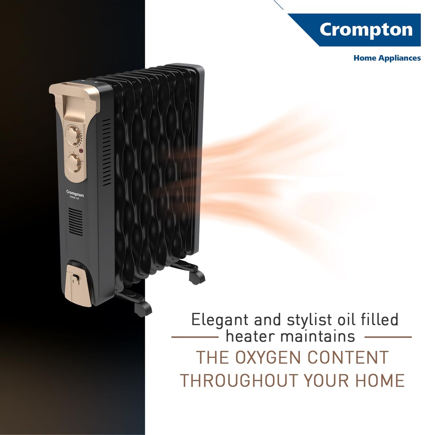 Crompton 09 Fin Insta Ferver wave Fin OFR (Oil Filled Radiator)|Room Heater|2400 W|3 Heat Settings & PTC Fan Heater|Over heat & Tilt protection |360° Heating (Black)|2yrs warranty|Black & Copper 