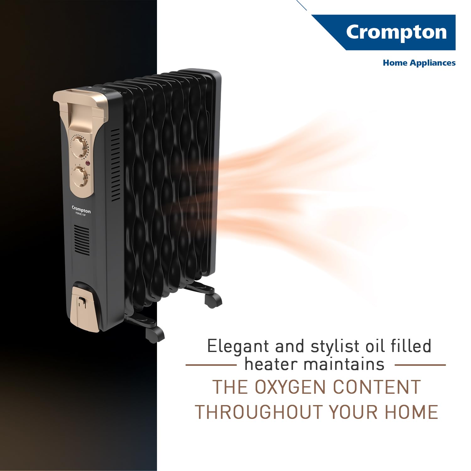 Crompton 09 Fin Insta Ferver wave Fin OFR (Oil Filled Radiator)|Room Heater|2400 W|3 Heat Settings & PTC Fan Heater|Over heat & Tilt protection |360° Heating (Black)|2yrs warranty|Black & Copper 