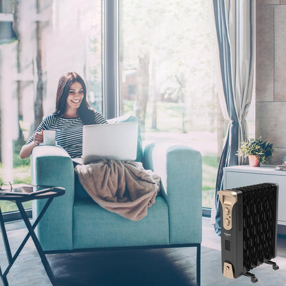 Crompton 09 Fin Insta Ferver wave Fin OFR (Oil Filled Radiator)|Room Heater|2400 W|3 Heat Settings & PTC Fan Heater|Over heat & Tilt protection |360° Heating (Black)|2yrs warranty|Black & Copper 