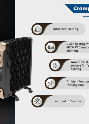 Crompton 09 Fin Insta Ferver wave Fin OFR (Oil Filled Radiator)|Room Heater|2400 W|3 Heat Settings & PTC Fan Heater|Over heat & Tilt protection |360° Heating (Black)|2yrs warranty|Black & Copper 