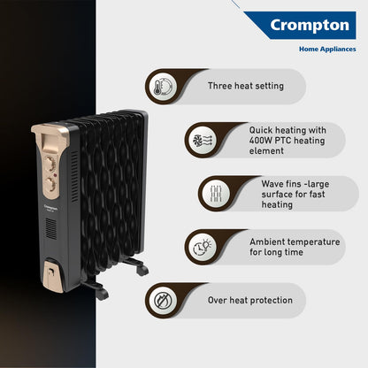 Crompton 09 Fin Insta Ferver wave Fin OFR (Oil Filled Radiator)|Room Heater|2400 W|3 Heat Settings & PTC Fan Heater|Over heat & Tilt protection |360° Heating (Black)|2yrs warranty|Black & Copper 