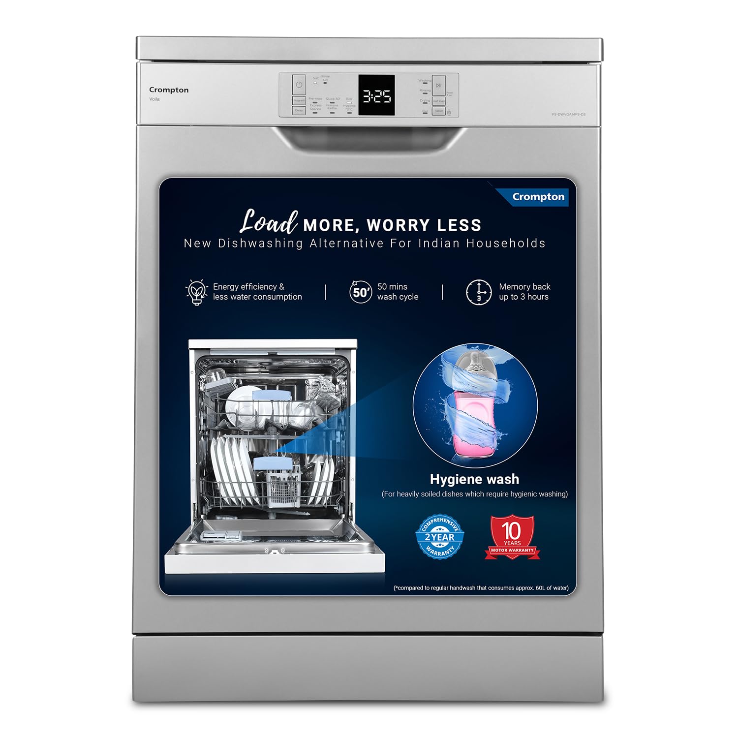 Crompton 14 Place Setting Freestanding Dishwasher with 6 Wash Programs and Super Active Drying System | Energy Saving Dishwasher with Stainless Steel Tub (Voilla 14 PS DW, Silver Inox,FS-DWVOA14PS-DS) 
