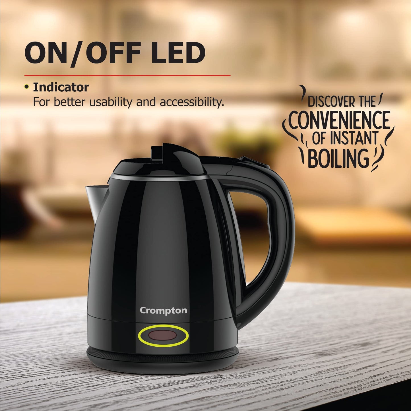 Crompton ActivHot Electric Kettle | 1.2 Litres | Cool Touch | Black 