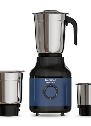 Crompton Ameo 500W Mixer Grinder with Powertron Motor & Motor Vent-X Technology, Robust design (3 Stainless Steel Jars, Blue and Black) 