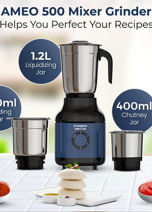 Crompton Ameo 500W Mixer Grinder with Powertron Motor & Motor Vent-X Technology, Robust design (3 Stainless Steel Jars, Blue and Black) 
