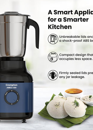 Crompton Ameo 500W Mixer Grinder with Powertron Motor & Motor Vent-X Technology, Robust design (3 Stainless Steel Jars, Blue and Black) 