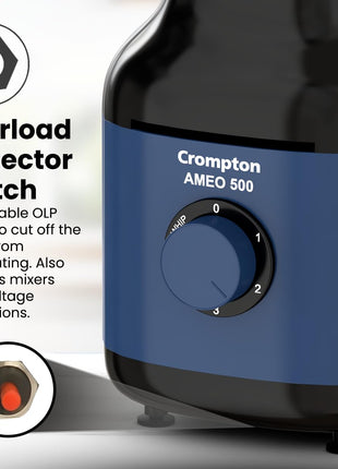 Crompton Ameo 500W Mixer Grinder with Powertron Motor & Motor Vent-X Technology, Robust design (3 Stainless Steel Jars, Blue and Black) 
