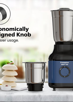 Crompton Ameo 500W Mixer Grinder with Powertron Motor & Motor Vent-X Technology, Robust design (3 Stainless Steel Jars, Blue and Black) 