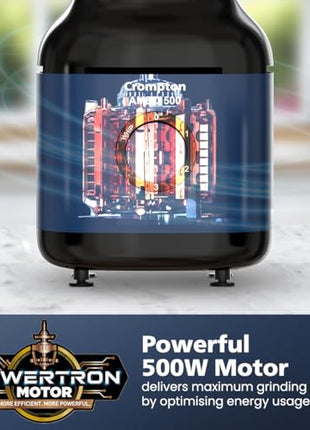 Crompton Ameo 500W Mixer Grinder with Powertron Motor & Motor Vent-X Technology, Robust design (3 Stainless Steel Jars, Blue and Black) 
