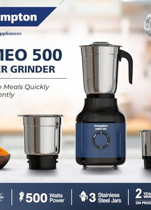 Crompton Ameo 500W Mixer Grinder with Powertron Motor & Motor Vent-X Technology, Robust design (3 Stainless Steel Jars, Blue and Black) 