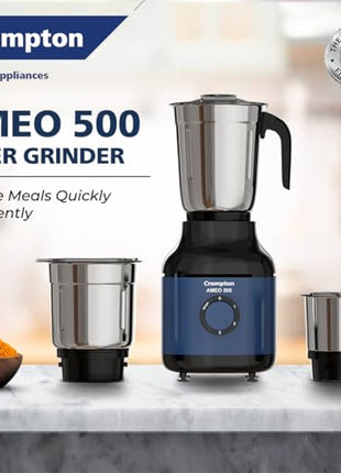 Crompton Ameo 500W Mixer Grinder with Powertron Motor & Motor Vent-X Technology, Robust design (3 Stainless Steel Jars, Blue and Black) 