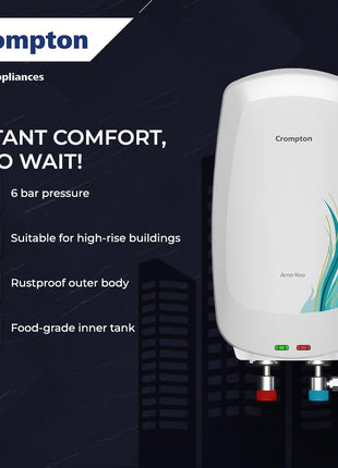 Crompton Arno Neo 3 Litres instant water heater (Geyser) with 3 Level Advance Safety and Food grade technology|Rust proof Body | 5 years tank warranty | 2 years element warranty 