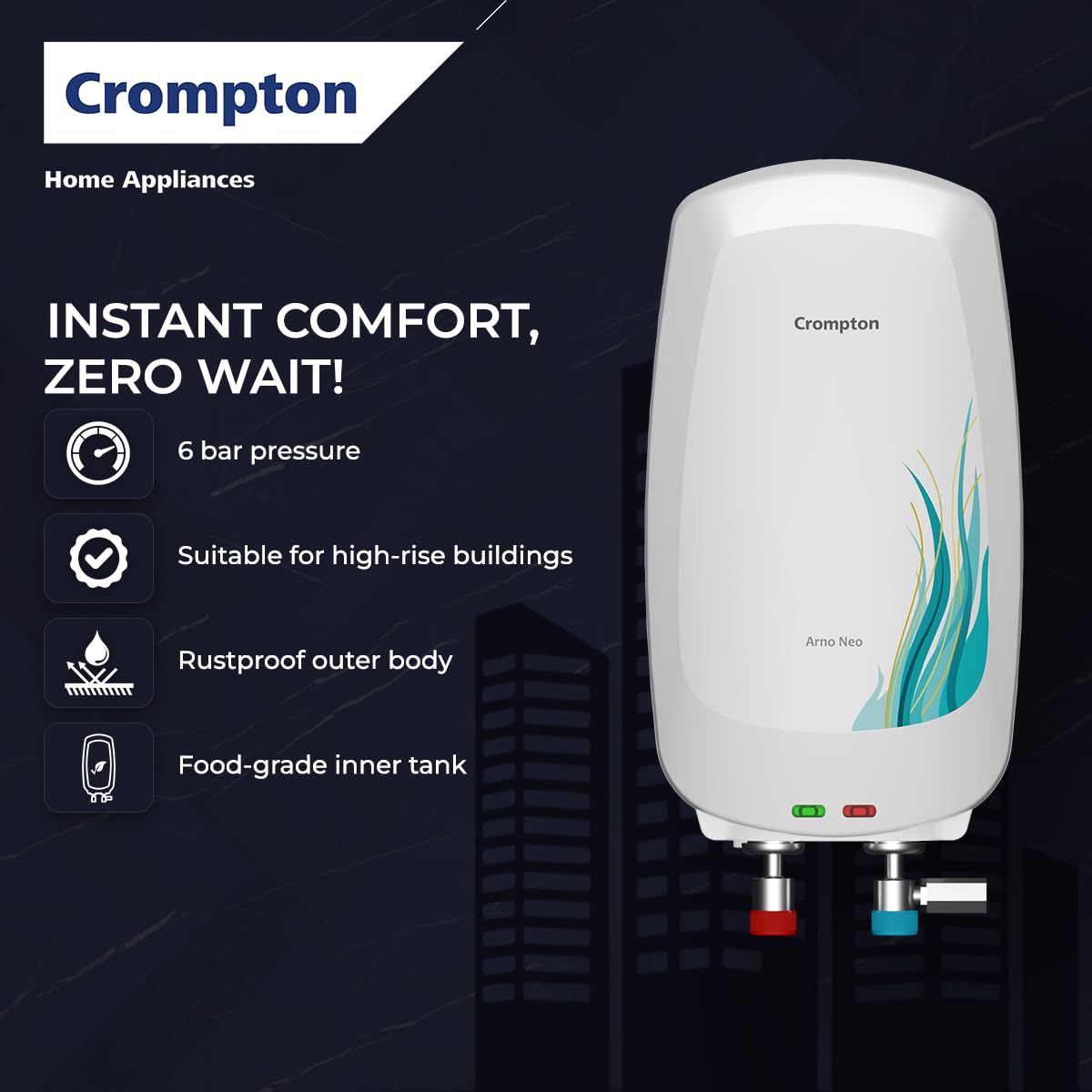 Crompton Arno Neo 3 Litres instant water heater (Geyser) with 3 Level Advance Safety and Food grade technology|Rust proof Body | 5 years tank warranty | 2 years element warranty 
