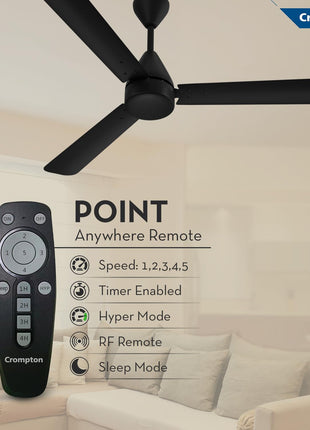 Crompton Energion Hyperjet 1200mm BLDC Ceiling Fan | Point Anywhere Remote Control | BEE 5 Star Rated Energy Efficient | Superior Air Delivery | Anti-Rust | 2 Year Manufacturer Warranty | Matte Black 