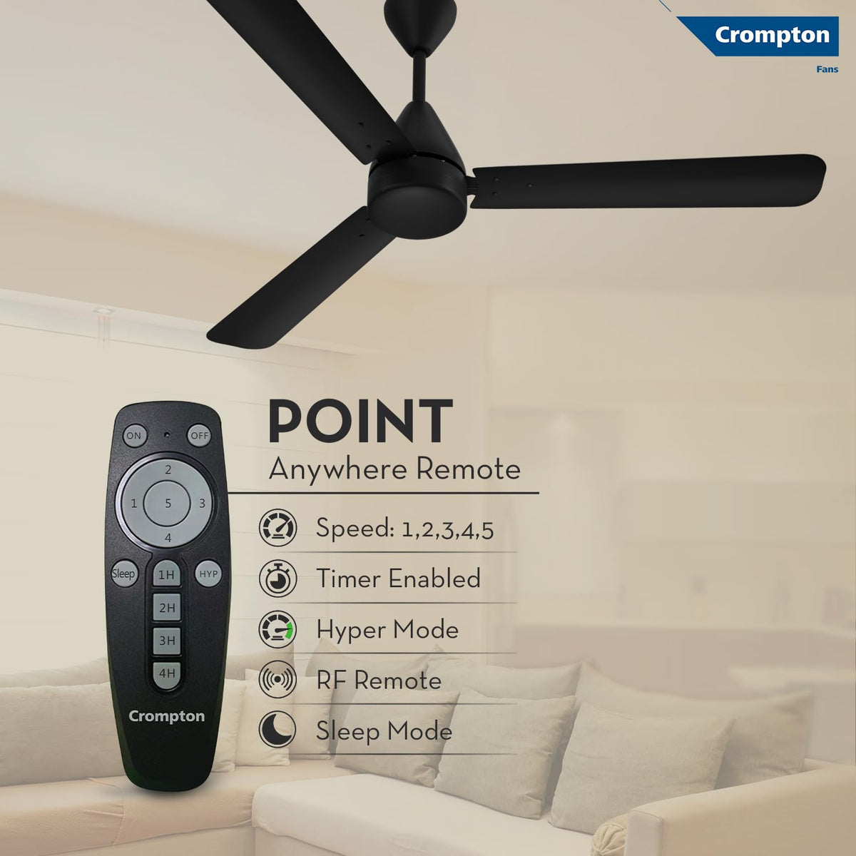 Crompton Energion Hyperjet 1200mm BLDC Ceiling Fan | Point Anywhere Remote Control | BEE 5 Star Rated Energy Efficient | Superior Air Delivery | Anti-Rust | 2 Year Manufacturer Warranty | Matte Black 