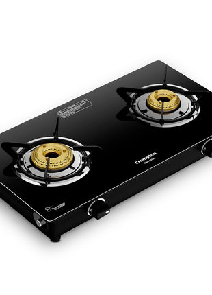 Crompton FlameStar 2 Burner Glass Top LPG Gas Stove | 1 Jumbo & 1 Medium Brass Burner | Max Space | Easy Cleaning | Toughened Glass | Tri Pin Burners | 2 Year Manufacturer's Warranty 