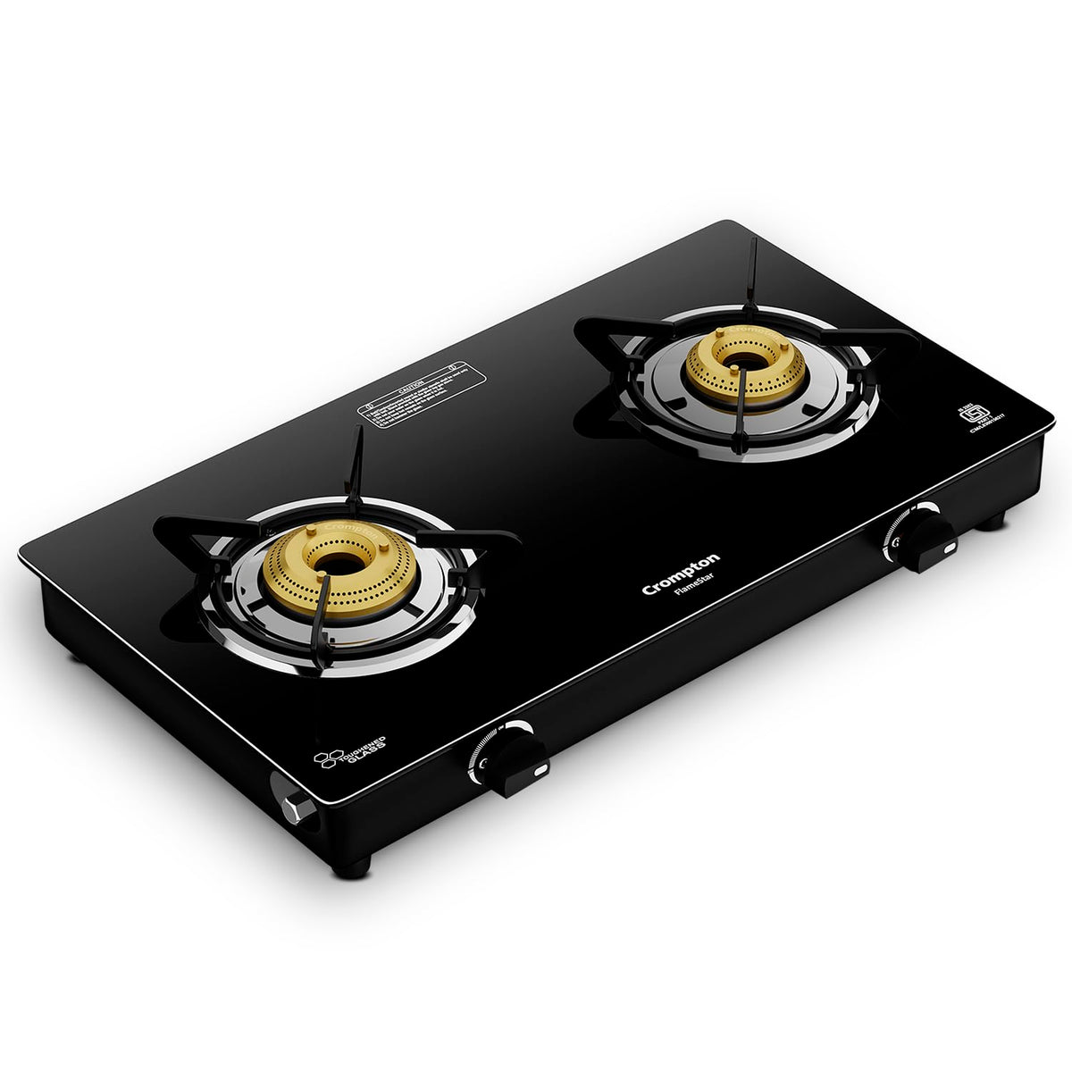 Crompton FlameStar 2 Burner Glass Top LPG Gas Stove | 1 Jumbo & 1 Medium Brass Burner | Max Space | Easy Cleaning | Toughened Glass | Tri Pin Burners | 2 Year Manufacturer's Warranty 