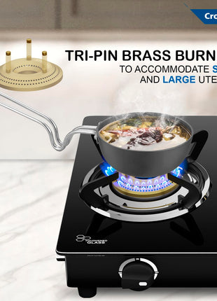 Crompton FlameStar 2 Burner Glass Top LPG Gas Stove | 1 Jumbo & 1 Medium Brass Burner | Max Space | Easy Cleaning | Toughened Glass | Tri Pin Burners | 2 Year Manufacturer's Warranty 