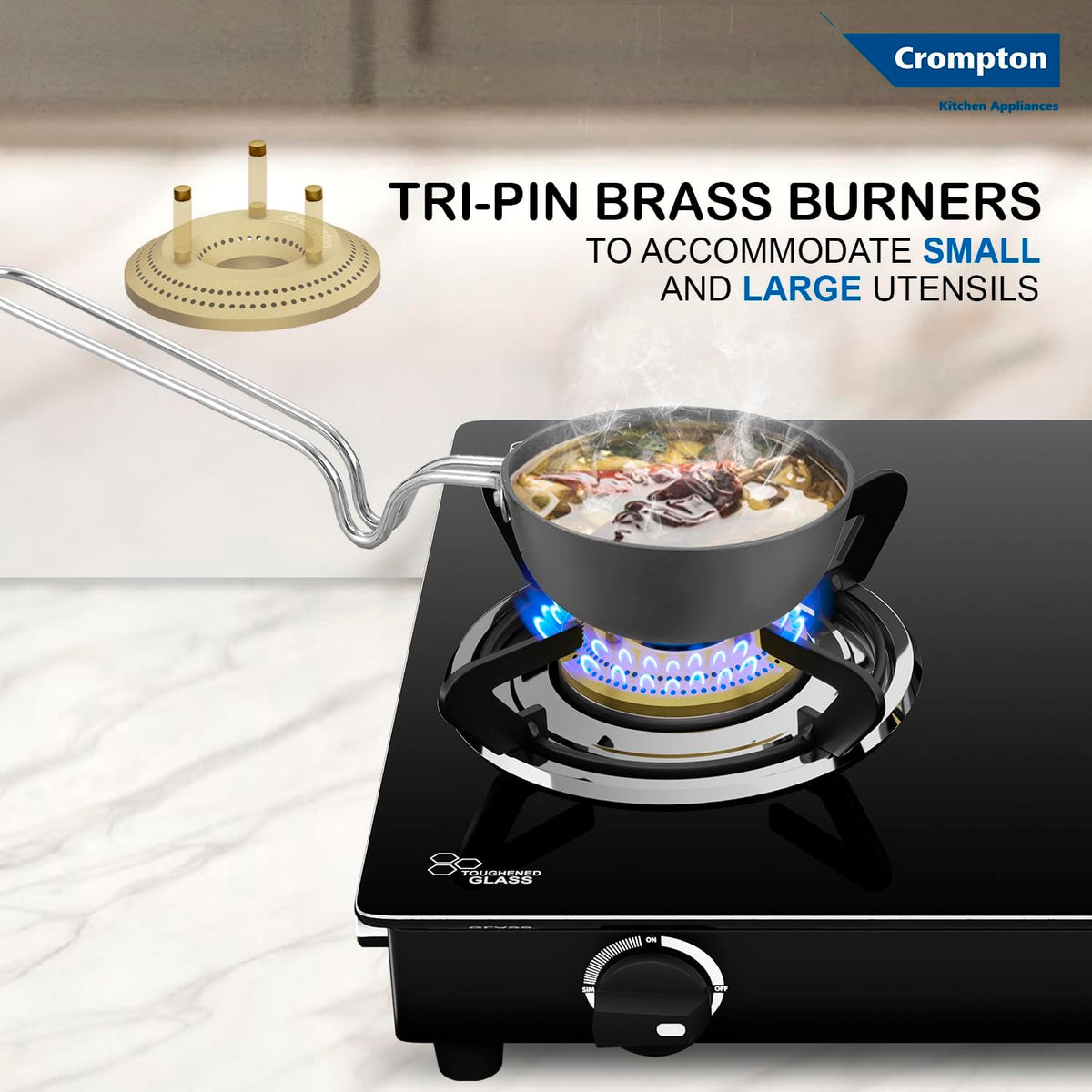 Crompton FlameStar 2 Burner Glass Top LPG Gas Stove | 1 Jumbo & 1 Medium Brass Burner | Max Space | Easy Cleaning | Toughened Glass | Tri Pin Burners | 2 Year Manufacturer's Warranty 