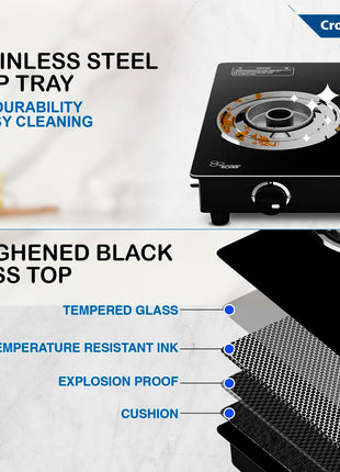Crompton FlameStar 2 Burner Glass Top LPG Gas Stove | 1 Jumbo & 1 Medium Brass Burner | Max Space | Easy Cleaning | Toughened Glass | Tri Pin Burners | 2 Year Manufacturer's Warranty 