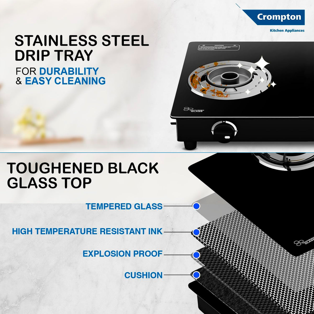 Crompton FlameStar 2 Burner Glass Top LPG Gas Stove | 1 Jumbo & 1 Medium Brass Burner | Max Space | Easy Cleaning | Toughened Glass | Tri Pin Burners | 2 Year Manufacturer's Warranty 