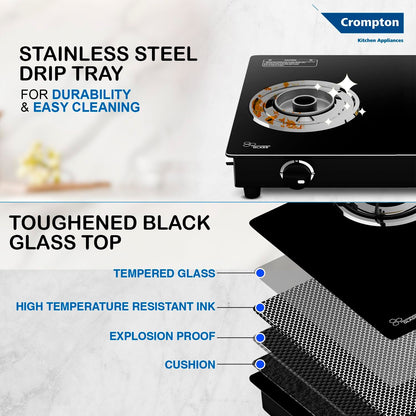 Crompton FlameStar 2 Burner Glass Top LPG Gas Stove | 1 Jumbo & 1 Medium Brass Burner | Max Space | Easy Cleaning | Toughened Glass | Tri Pin Burners | 2 Year Manufacturer's Warranty 