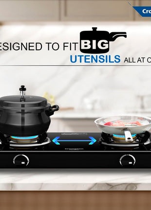 Crompton FlameStar 2 Burner Glass Top LPG Gas Stove | 1 Jumbo & 1 Medium Brass Burner | Max Space | Easy Cleaning | Toughened Glass | Tri Pin Burners | 2 Year Manufacturer's Warranty 