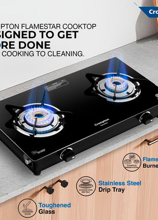Crompton FlameStar 2 Burner Glass Top LPG Gas Stove | 1 Jumbo & 1 Medium Brass Burner | Max Space | Easy Cleaning | Toughened Glass | Tri Pin Burners | 2 Year Manufacturer's Warranty 