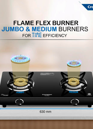 Crompton FlameStar 2 Burner Glass Top LPG Gas Stove | 1 Jumbo & 1 Medium Brass Burner | Max Space | Easy Cleaning | Toughened Glass | Tri Pin Burners | 2 Year Manufacturer's Warranty 